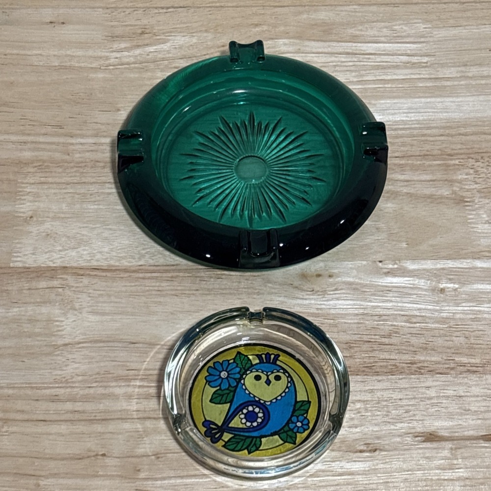 Vintage MCM Ashtrays Heavy Emerald Green Starburst Foil Owl FLAW READ Lot Of 2